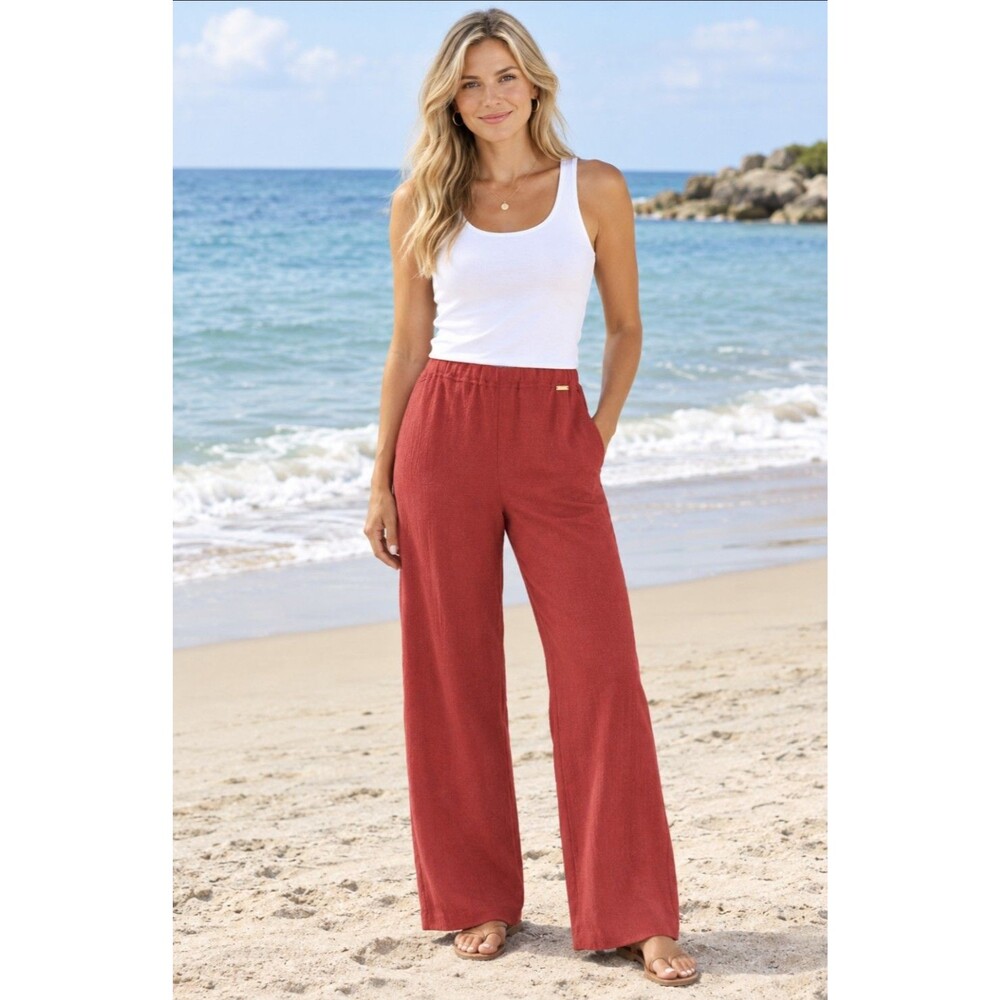 Vintage ST. JOHN SPORT Marie Gray Wool Knit Pants Sz M Red Wide Leg Fall 2002